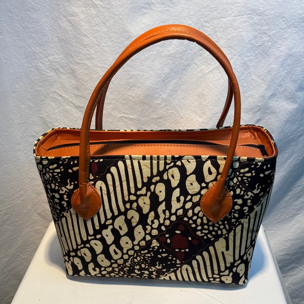 Patterned Black & Tan Tote Bag with Orange Handles